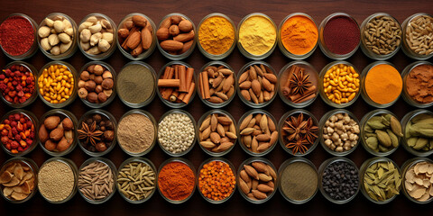 Background with bowls of spices, A collection of different spices and seeds in an array.