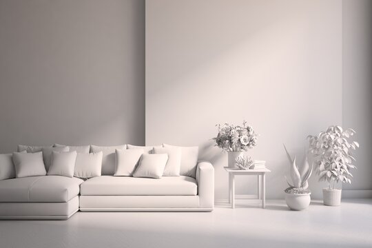 White living room concept with sofa. 3D illustration