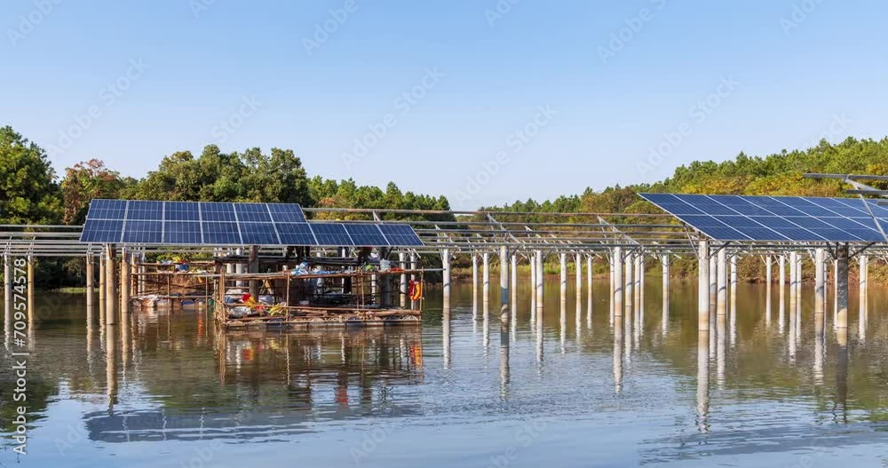 Poster time lapse of the installation site of solar photovoltaic module panels on pond 