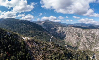 Parnonas, Parnon, Malevos mountain range, Peloponnese Greece. Aerial drone panoramic view of massif.