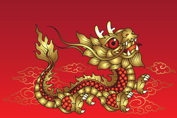 Minimal cute golden Chinese dragon with cloud on red background. Lunar day festival.