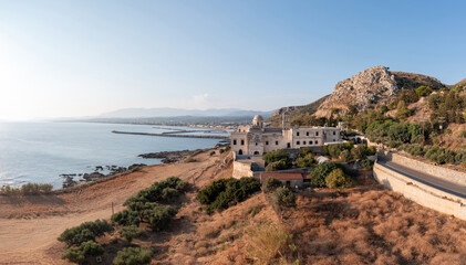 Greece, Monastery Gonia Odigitria, Chania town Crete island. Aerial drone view of Orthodox Church.
