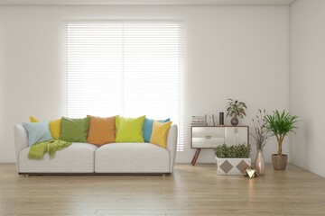 White living room with sofa. Scandinavian interior design. 3D illustration