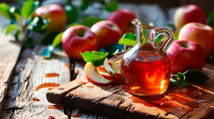 Fotobehang apple cider vinegar on the table. Selective focus. © yanadjan
