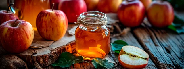 Fotobehang apple cider vinegar on the table. Selective focus. © yanadjan