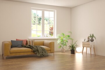 White living room with sofa and summer landscape in window. Scandinavian interior design. 3D illustration