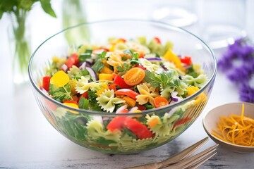 rainbow pasta salad with vibrant vegetables, in a clear glass bowl