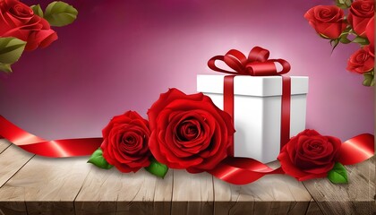 White gift box with red ribbon bow surrounded by roses on pink background