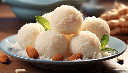 Coconut candies with almonds and coconuts on plate, background of nuts, banner with free space