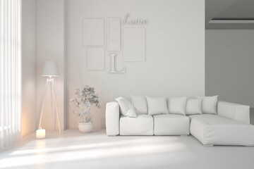 White living room concept with sofa. 3D illustration