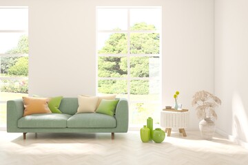 Bright interior design with modern furniture and summer landscape in window. 3D illustration