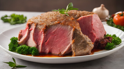 fresh mutton in white plate side view, white background