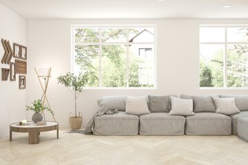 Contemporary classic white interior with furniture and decor and summer landscape in window. Scandinavian interior design. 3D illustration