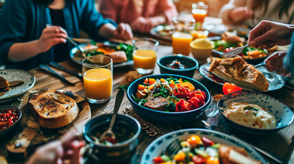the family eats at the table. Selective focus.