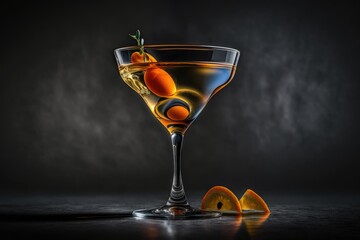 Martini cocktail. Ingredients are gin and dry vermouth and dash orange bitters - obrazy, fototapety, plakaty