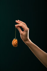 Donuts, bun, croissant Christmas toy on a black background. Creative collage.