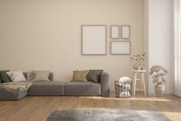 White modern interior design with sofa. Scandinavian interior design. 3D illustration