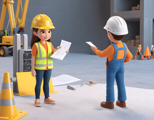 Smiling Cartoon Child in Hard Hat at Construction Site
