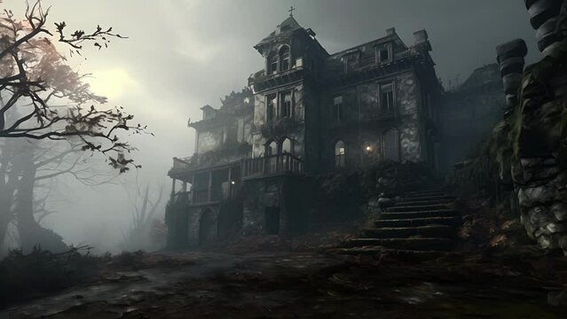 An old decrepit mansion its windows cracked and walls crumbling stands on a tolerably concealed hill surrounded by a chilling mist.
