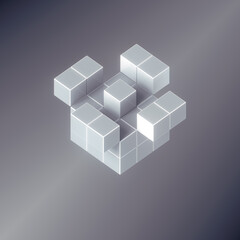Abstract geometric digital illustration of a shape composed of white cubes on a gray background. 3d rendering