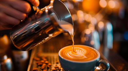 barista pours milk into a cup of coffee. Selective focus.