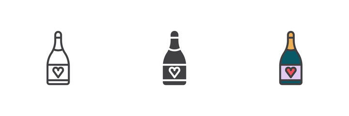 Champagne bottle with heart different style icon set