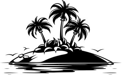 Tropical island sea silhouette in black color. Vector template design art.