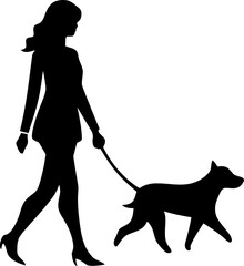 Woman walking with dog silhouette in black color. Vector template for laser cutting wall art.