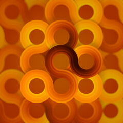 Design consisting of orange and red geometric shapes including circles and spirals. 3d rendering digital illustration