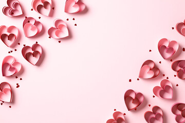 Frame of Valentines Day hearts and confetti on pink background. St Valentine's Day banner design,...