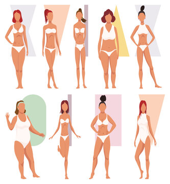 Female figures types set. Women in lingerie showing different body shapes. Diverse women in underwear. Main woman figure shape. Flat vector illustrations isolated on white background