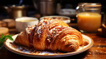 Croissant on a wooden table in a cafe with a cup of coffee and milk.