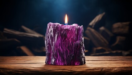 Purple amethyst crystal and burning candle on wooden background for relaxation and meditation