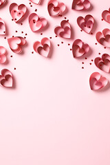 Happy St Valentine Day vertical banner design. Abstract pink background with hearts and confetti.