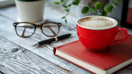 red a cup of coffee , notbuk, pen on the wooden background,text copy space