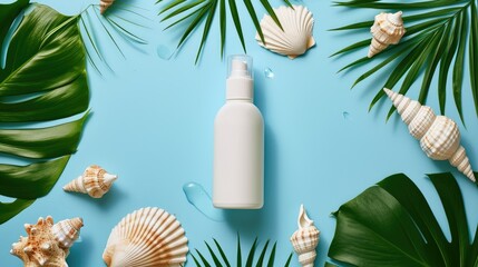 Bottle of sunscreen spray. Sunblock cream bottle with sea shells and a tropical green leaf, presented on a vibrant background, Ai Generated. - obrazy, fototapety, plakaty