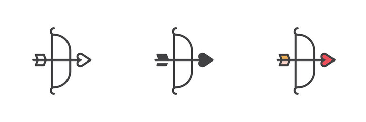 Bow and arrow heart different style icon set