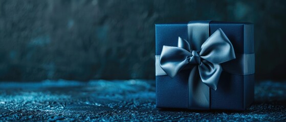 A small, luxurious gift box with a blue bow, positioned on a dark blue table. Side view in monochrome. Suitable for Father's Day, Valentine's Day, corporate gifting, Ai Generated. - obrazy, fototapety, plakaty