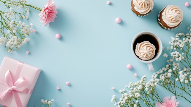 Express affection for your mother. An overhead flat lay display of cupcakes, presents, a cup of warm coffee, and gypsophila blossoms on a pastel blue surface, Ai Generated.