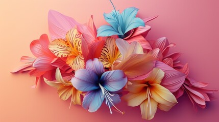 A bouquet of multicolored flowers arranged on pink paper, rendered in the style of V-Ray tracing, Ai Generated.