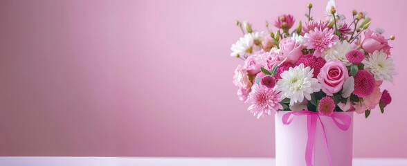 Obraz premium Exquisite bouquet of roses and chrysanthemums with a pink gift box, Ai Generated