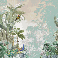 Tropical forest, birds, woodpecker pattern vector illustration - obrazy, fototapety, plakaty
