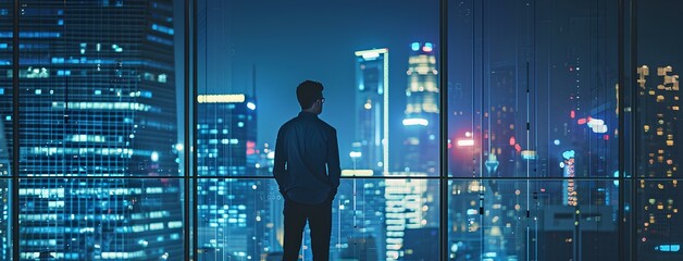 A businessman standing in a financial building office looking at the night view of a big city. generative AI - obrazy, fototapety, plakaty