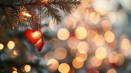 Obraz premium Valentine's Illumination Heart Strings Dangling from Fir Branches Against an Abstract, Ai Generated