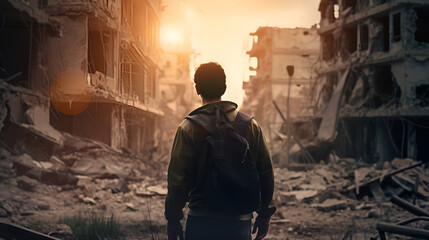 boy looks at the ruined city