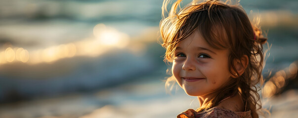 Portrait of little happy smiling girl on ocean beach at sunset. Kids summer holidays on the sandy sea side, sea coast. Concept of summer vacation for postcard, banner, poster, ads with copy space. - obrazy, fototapety, plakaty