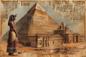 The Ancient Yellowed Drawing of the Pyramids of Giza with Hieroglyphs - obrazy, fototapety, plakaty