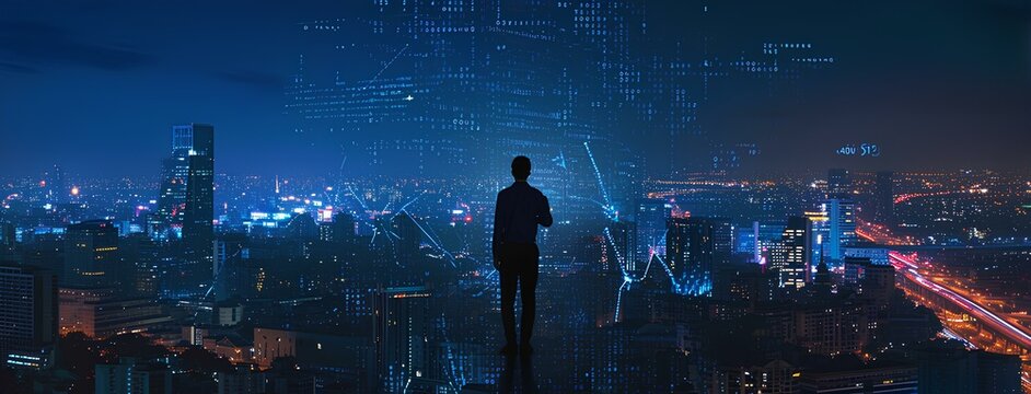 business man handling a virtual data access to the city of information technology, panorama city night view. generative AI