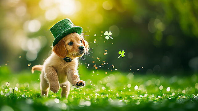 Image of a dog in a green hat and a shamrock　