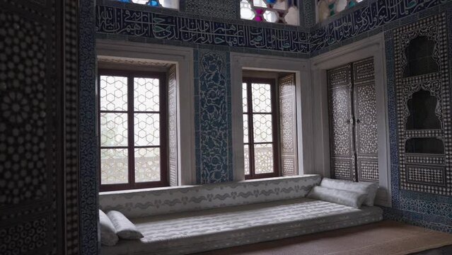 Interior and details of calligraphy, islamic pattern of the Baghdad Pavilion, in Topkapi Palace Istanbul, Turkey